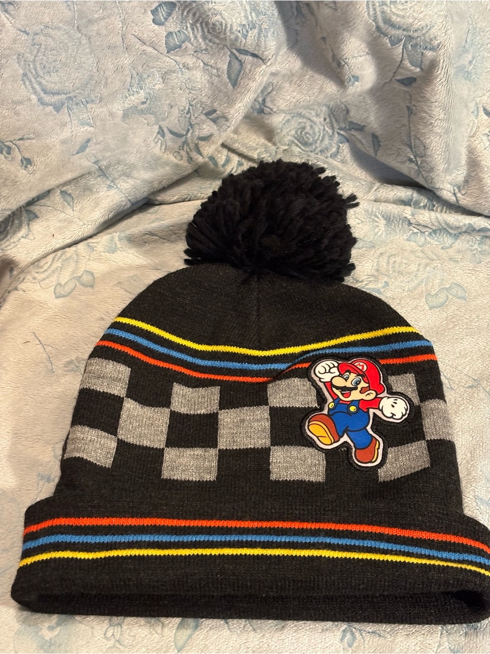 Pom Beanie Hat with Superhero Patch - Black/Gray/Blue